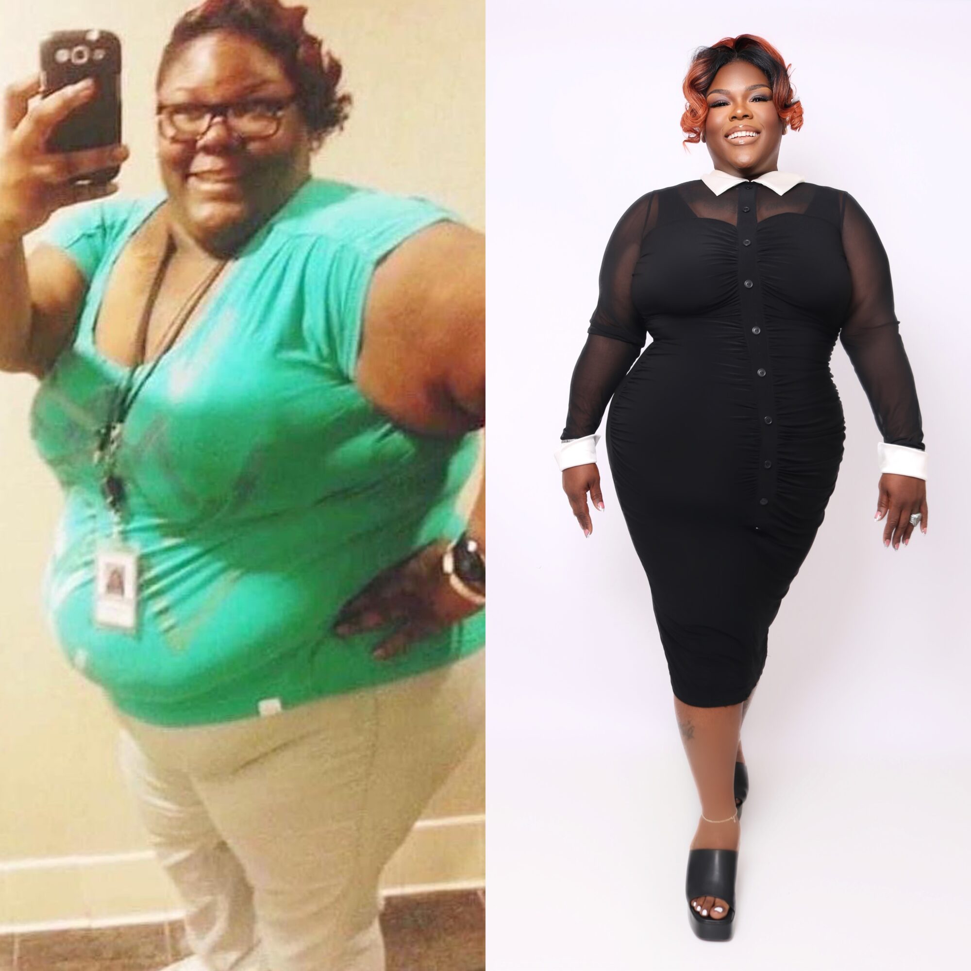 Before and after photos of a woman, showing weight loss and transformation, smiling in a black dress.