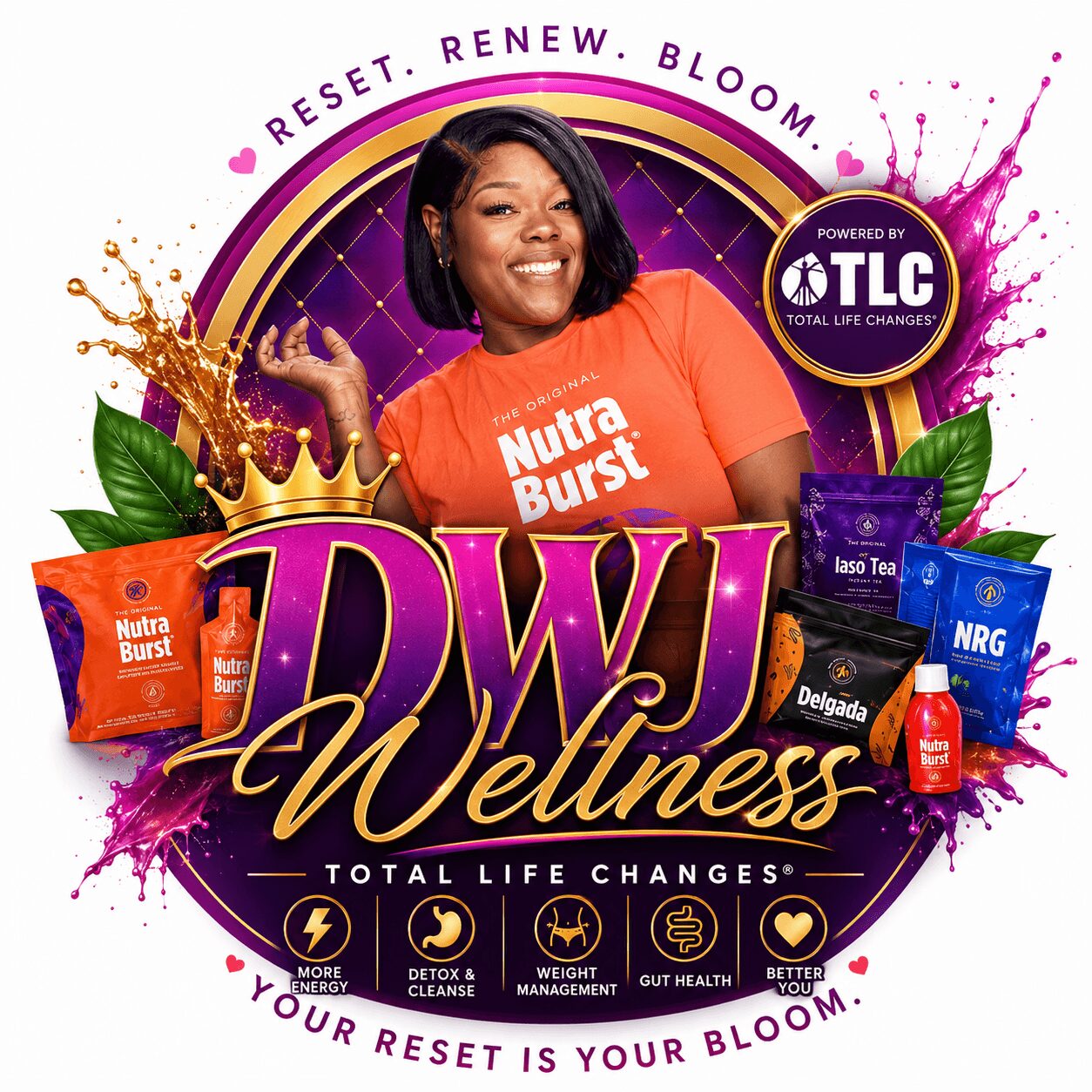 Smiling woman in orange Nutra Burst shirt surrounded by wellness products and colorful splashes, promoting health and wellness.