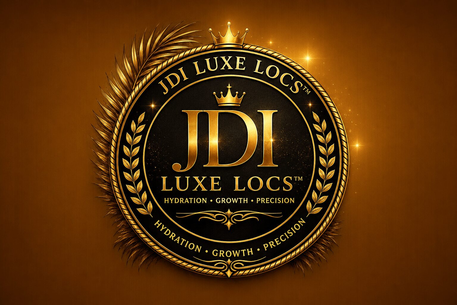 Gold and black circular logo with laurel wreath, crown, and text reading 'JDI Luxe Locs' and 'Hydration, Growth, Precision'.