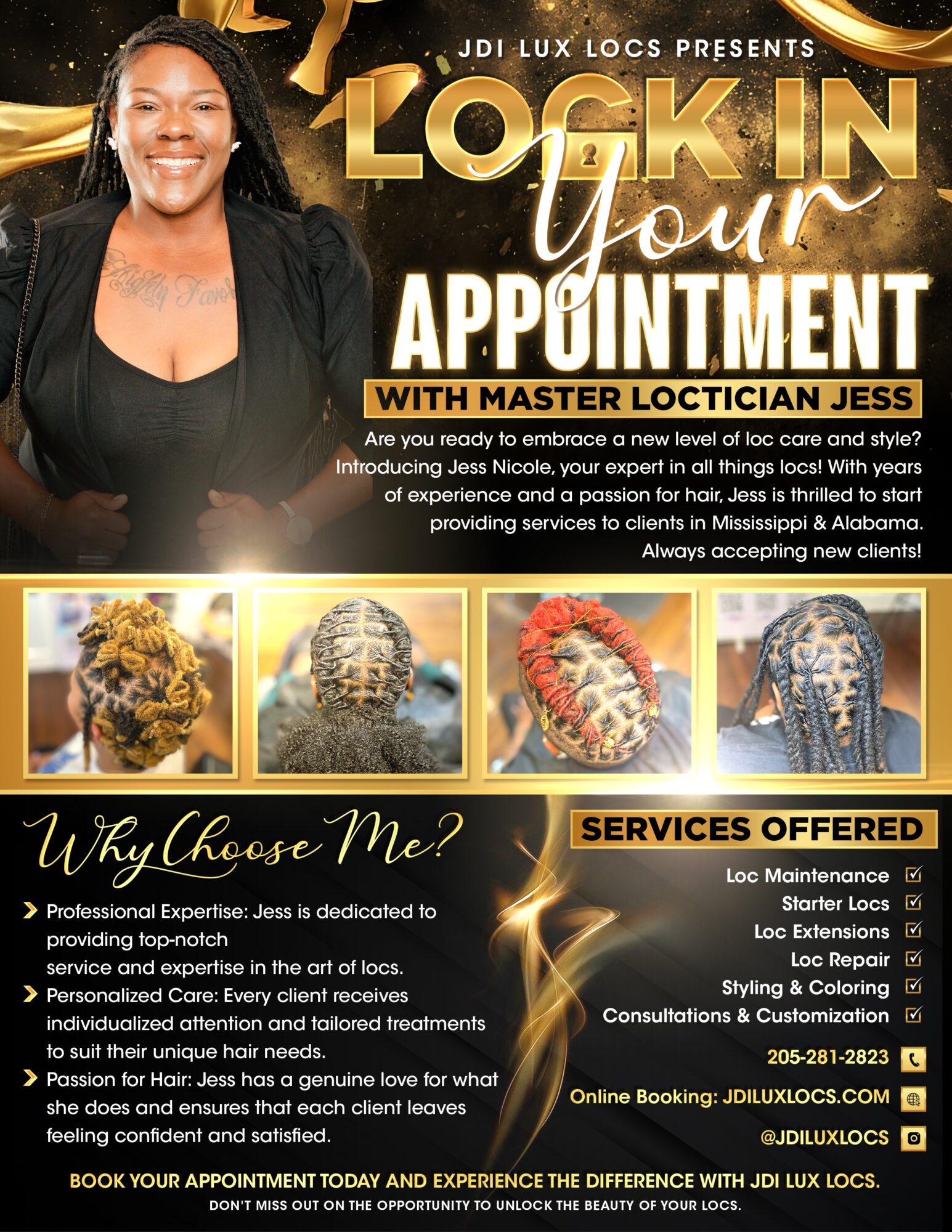 Promotional poster for a locksmith service featuring a smiling woman, images of locks, and service details.