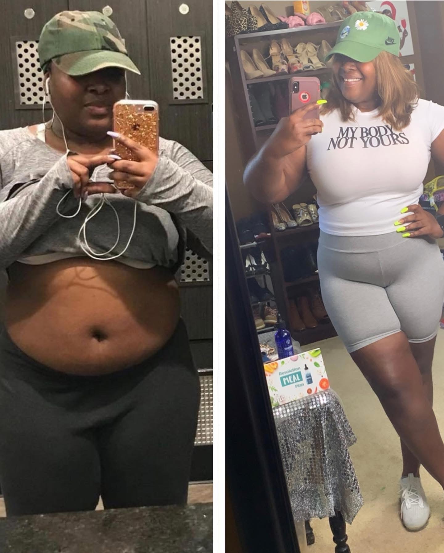 Side-by-side mirror selfies of a woman wearing a green cap, one before and one after weight loss, smiling.