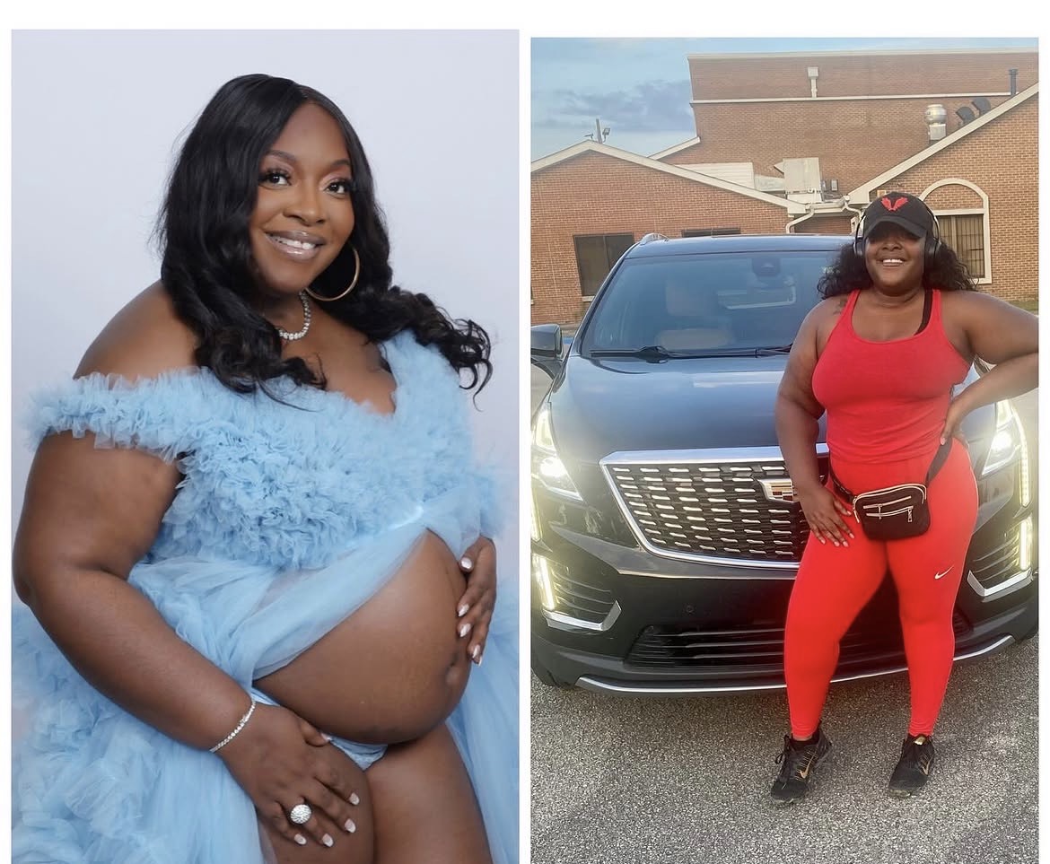 Two women, one pregnant, smiling, one in a blue dress, the other in red, standing outdoors near a car.