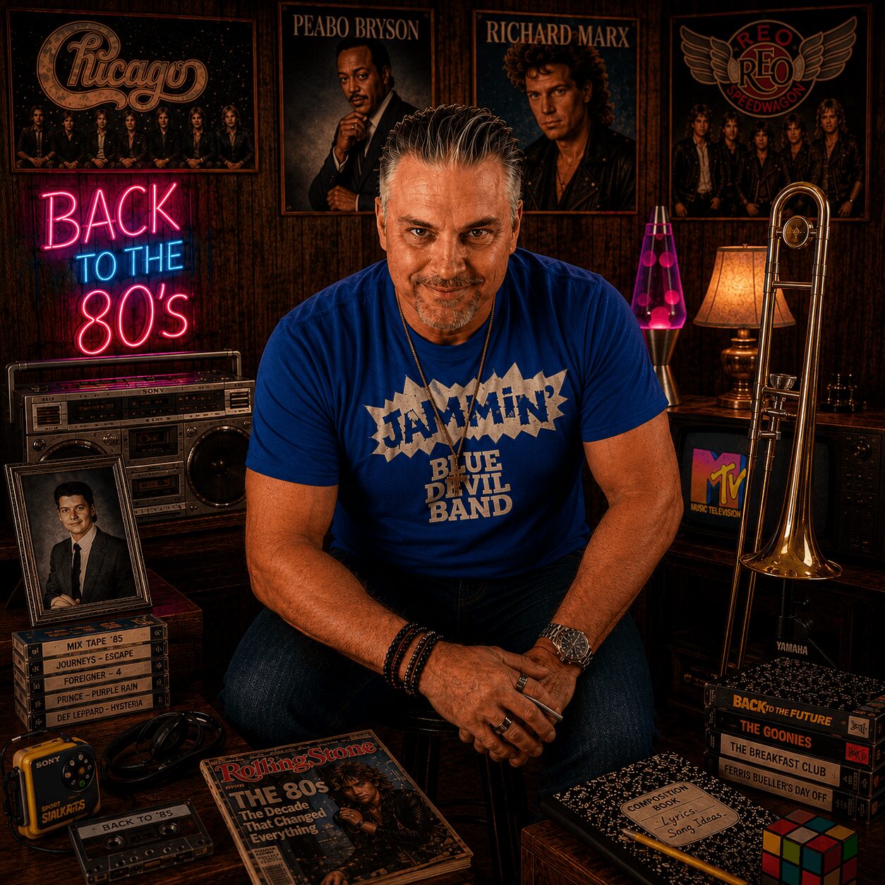 Man with gray hair and beard wearing a blue T-shirt, sitting in a room decorated with 80s music posters and neon sign.