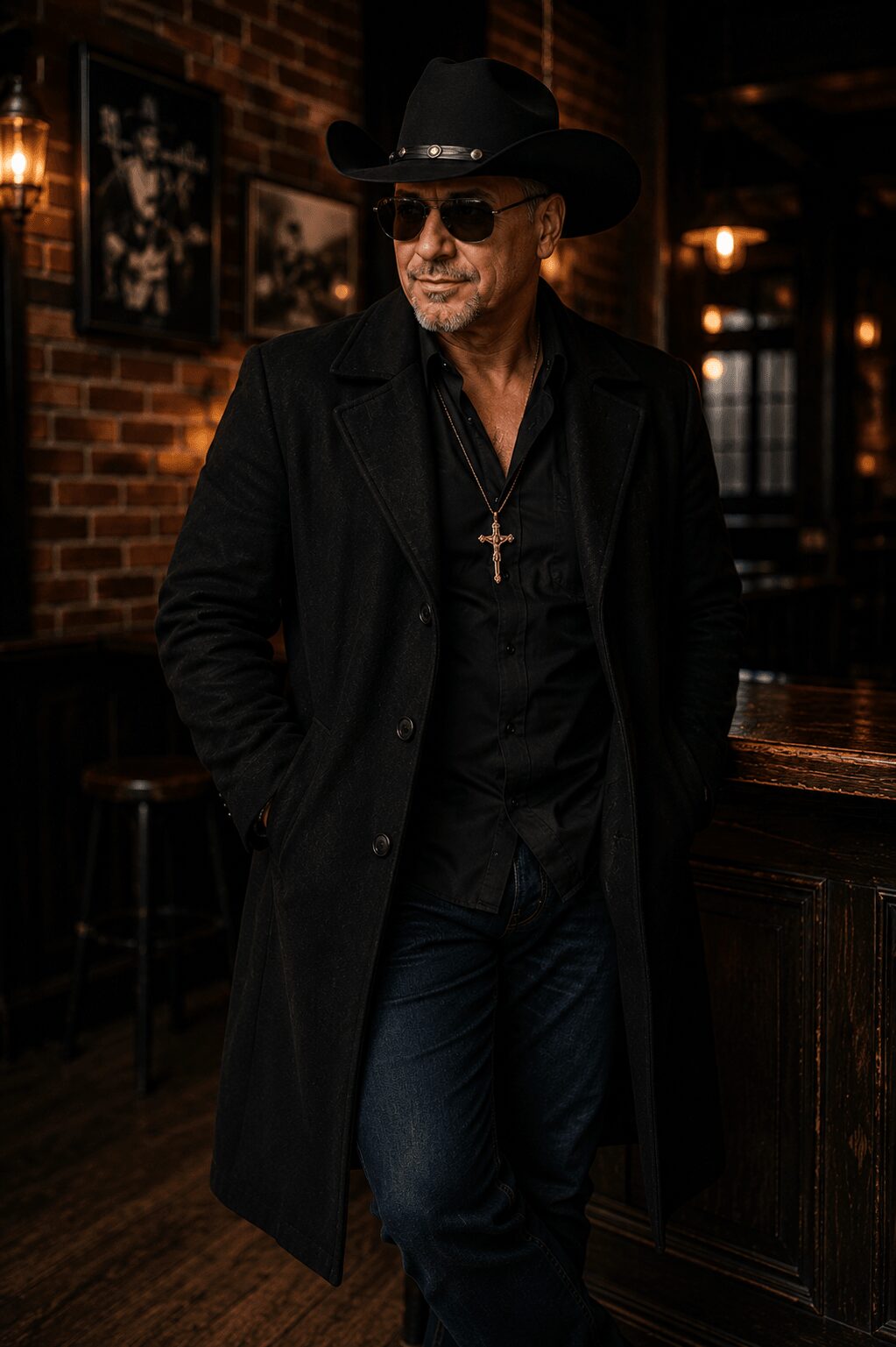Man wearing sunglasses, hat, and cross necklace standing in a dimly lit bar with brick walls.