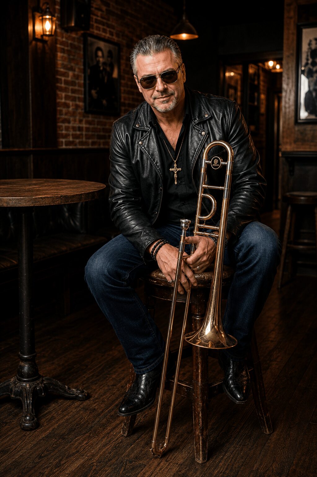 Man with sunglasses and leather jacket holding a trombone in a dimly lit bar, sitting on a chair.