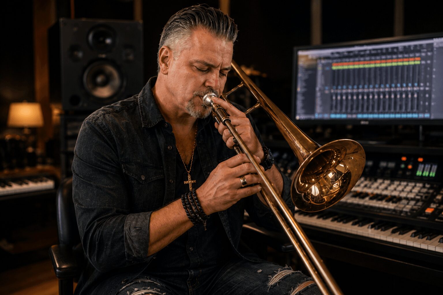 Man playing trombone in a recording studio with audio equipment and a computer screen in the background.