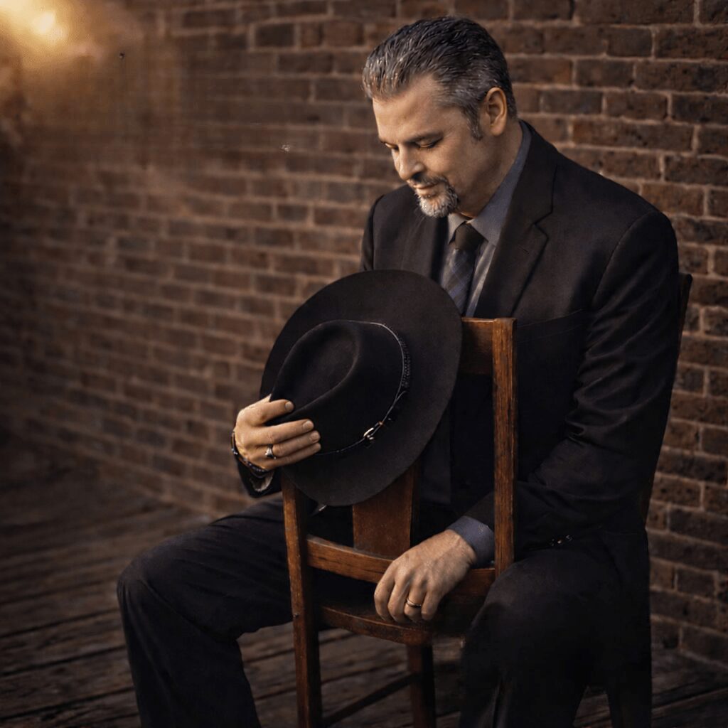 Man in suit holding a hat, sitting on a wooden chair against a brick wall, looking down thoughtfully.