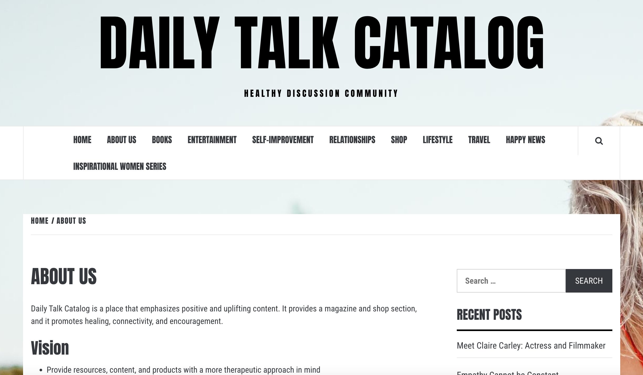 Header of a website titled 'Daily Talk Catalog' with menu options below, including Home, About Us, Books, Entertainment, and more.
