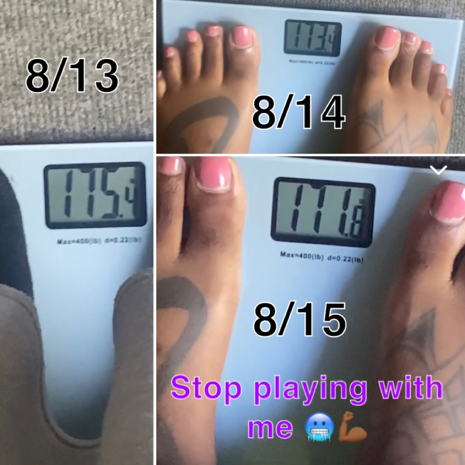 Feet on a scale showing 177.8 pounds, with text indicating different dates and a message saying 'Stop playing with me'.