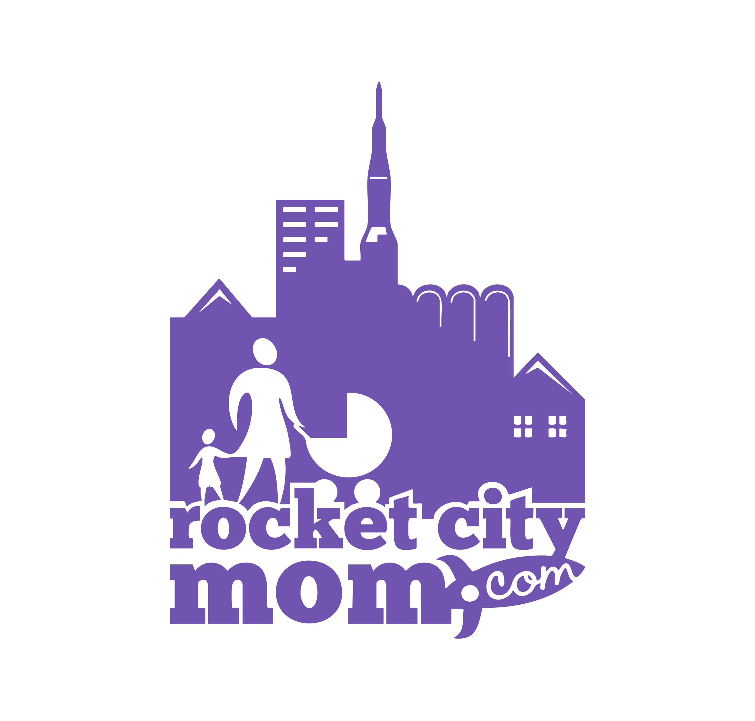 Silhouette of a city skyline with a woman and child holding hands, a stroller, and buildings, in purple. Text reads 'rocket city mom.com'.