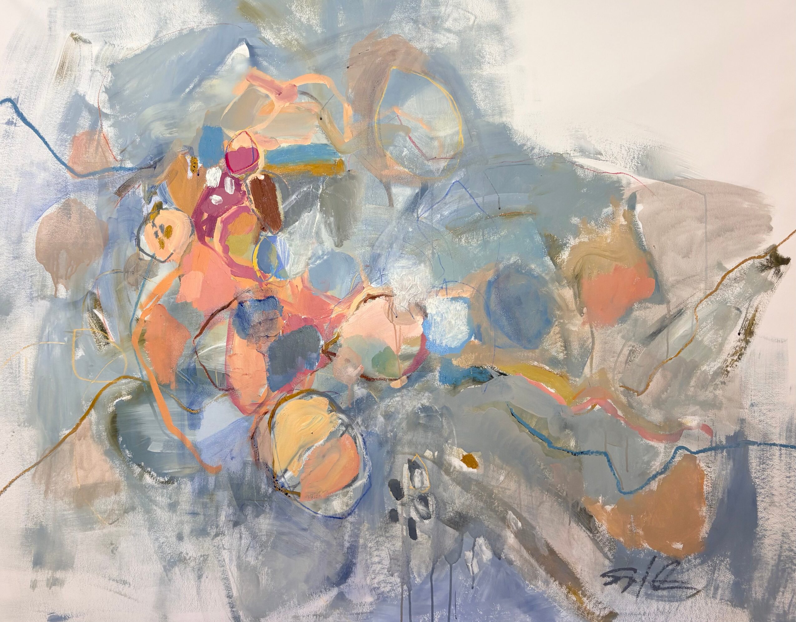 Abstract painting with colorful shapes and brushstrokes, primarily in blue, pink, orange, and beige tones.
