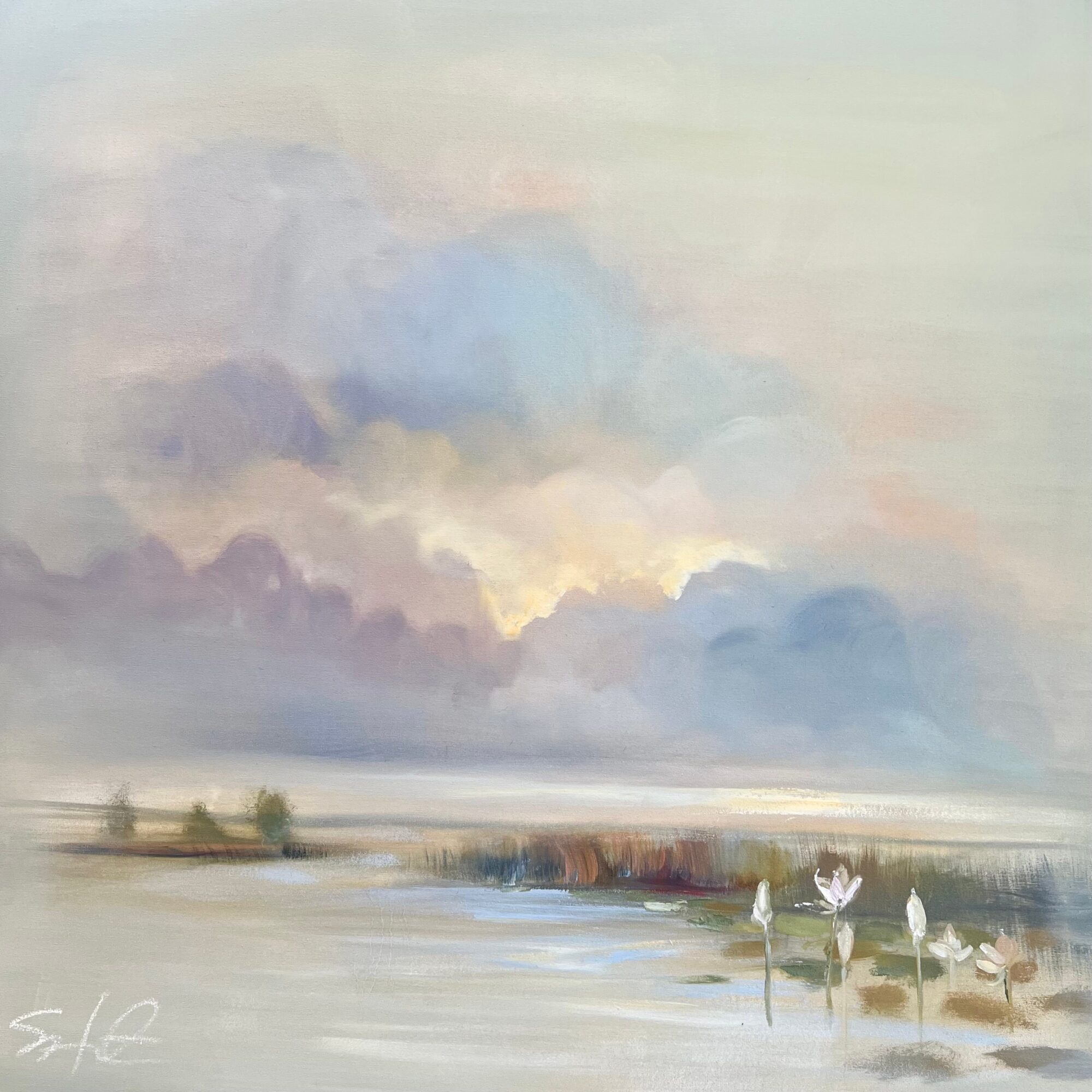 Landscape painting of a cloudy sky over water with white flowers in the foreground.